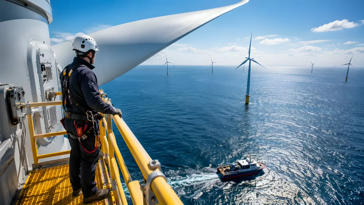 Techniker auf Offshore-Windpark-Plattform über dem Meer