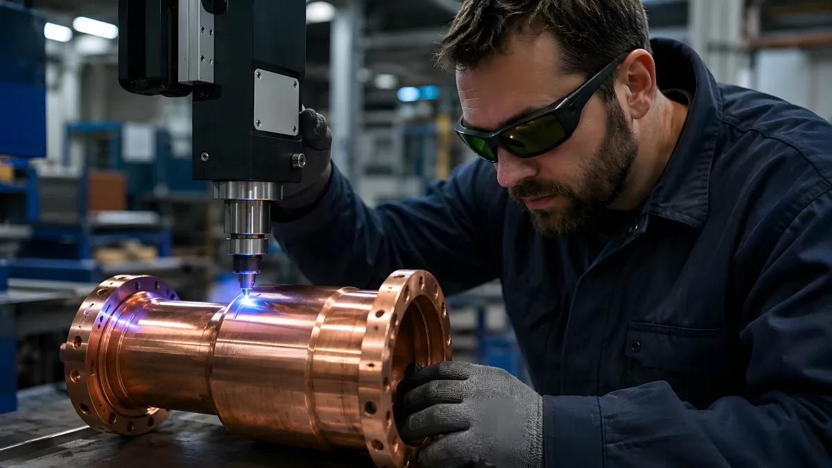 Techniker bearbeitet Kupferbauteil mit Lasergerät