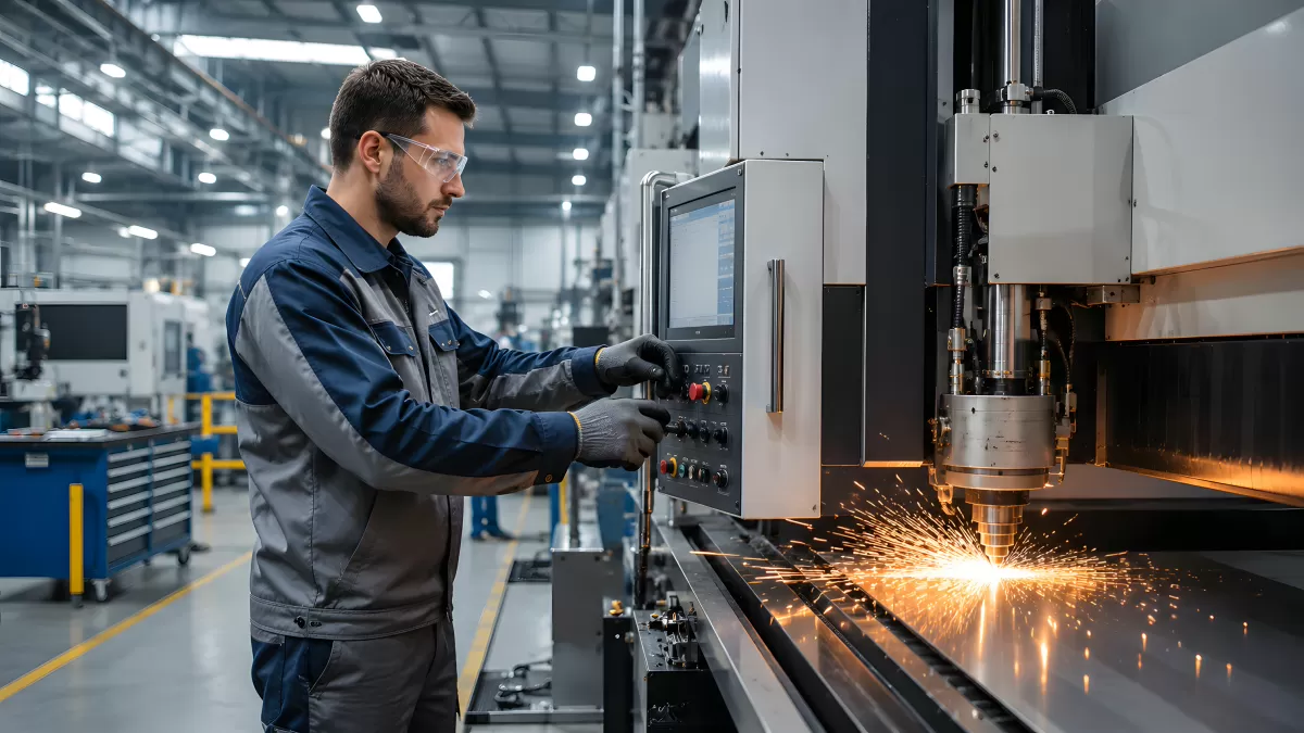 Techniker bedient CNC-Laserschneidmaschine in Fabrik