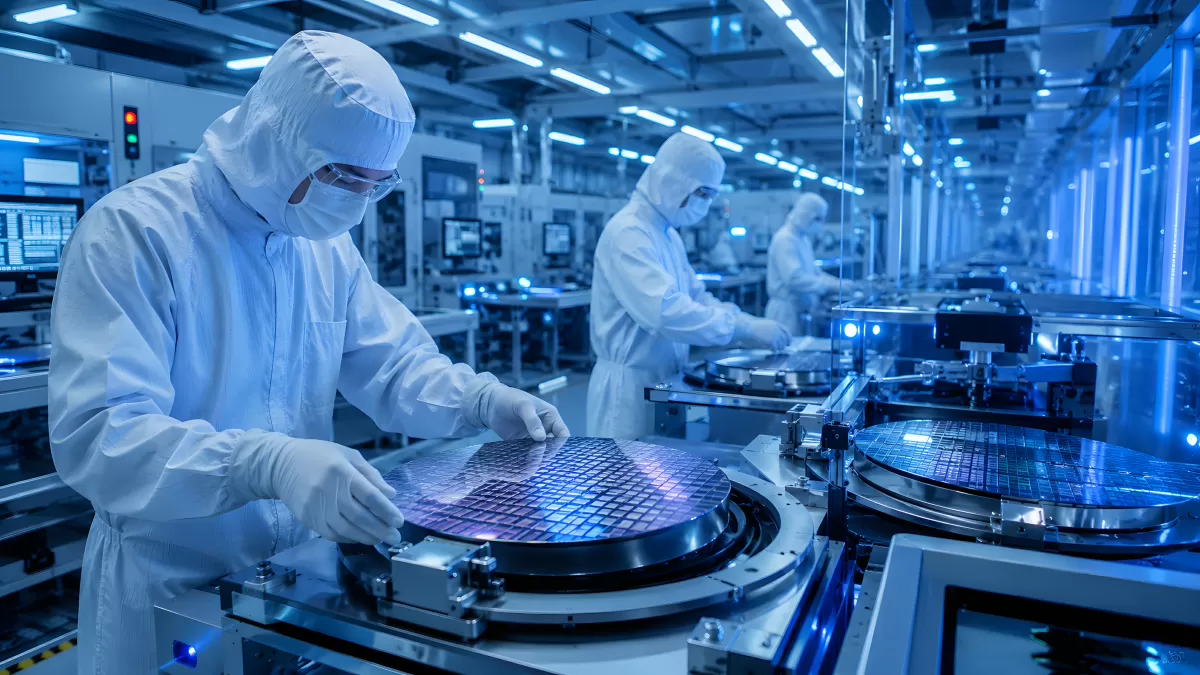 Techniker im Reinraum bei der Halbleiterproduktion
