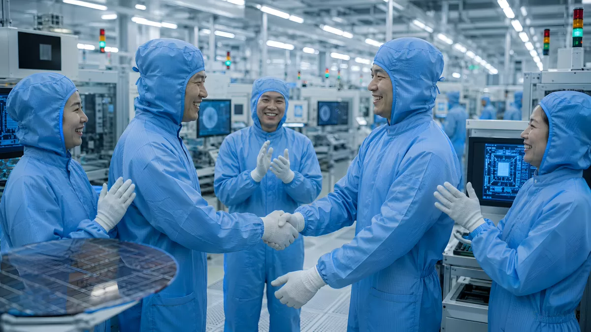 Techniker im Reinraum feiern Erfolg beim Händeschütteln