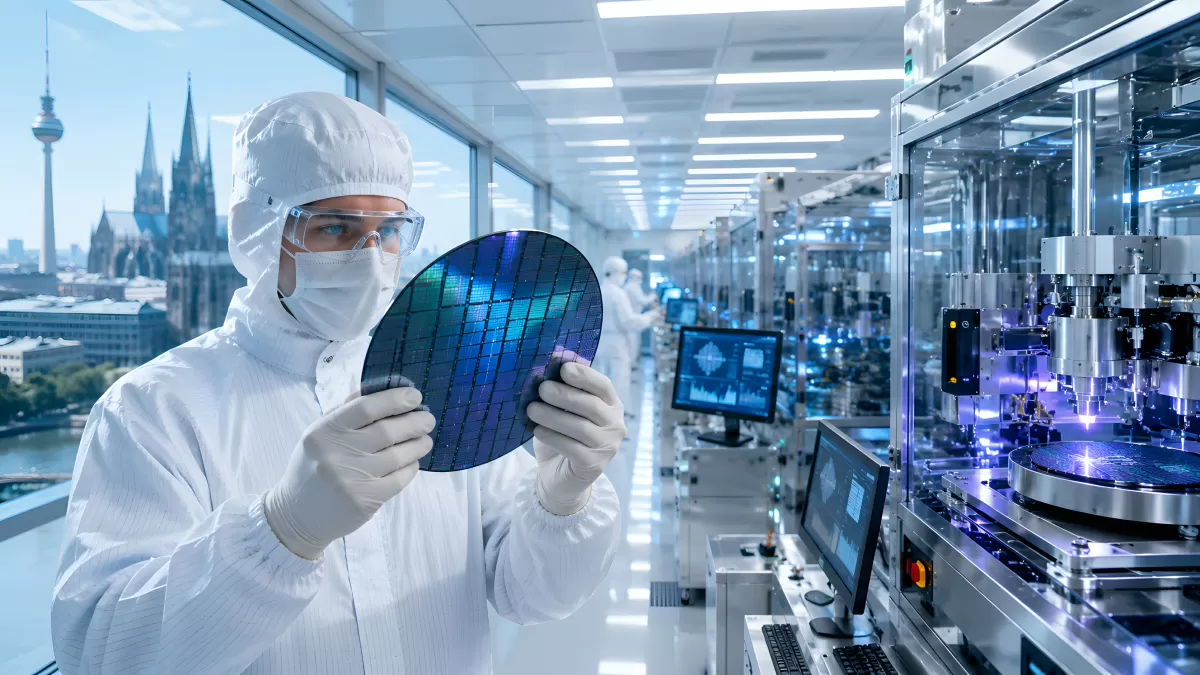 Techniker im Reinraum hält Siliziumwafer in Halbleiterfabrik