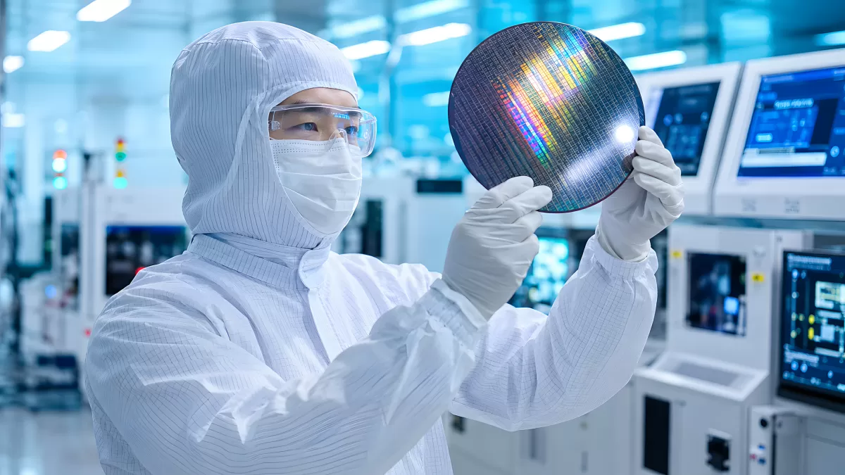 Techniker im Reinraum hält Siliziumwafer ins Licht