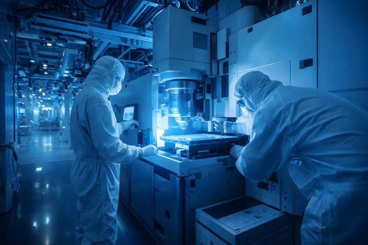 Techniker in Reinraum arbeiten an Halbleiteranlage