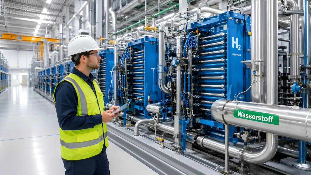 Techniker inspiziert Wasserstoff-Elektrolyseanlage