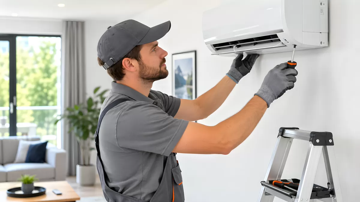 Techniker installiert Klimaanlage an Wohnzimmerwand