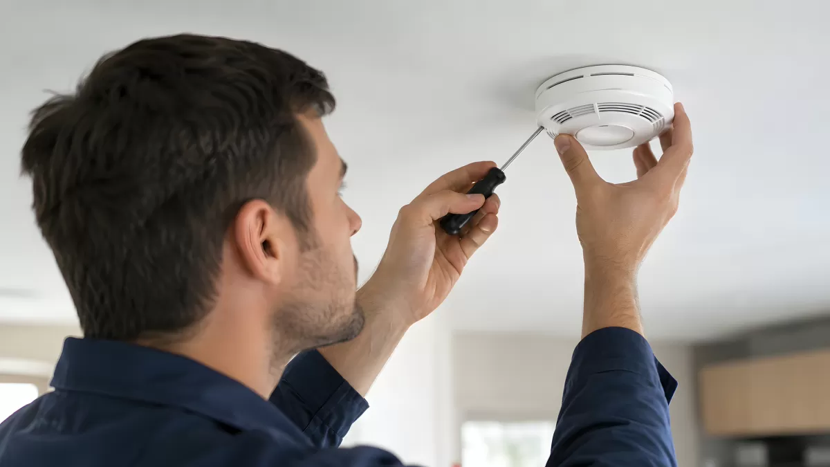 Techniker installiert Rauchmelder an der Decke