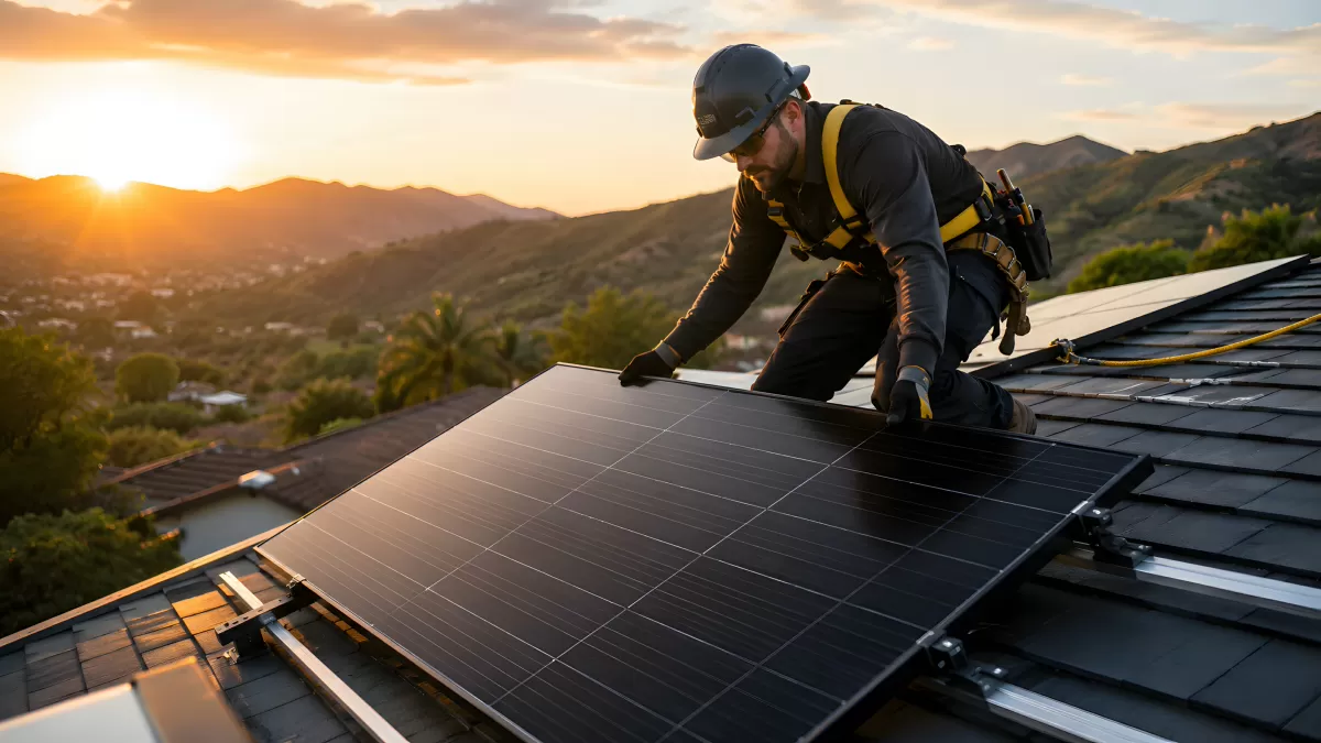 Techniker installiert Solarmodul auf Hausdach bei Sonnenuntergang