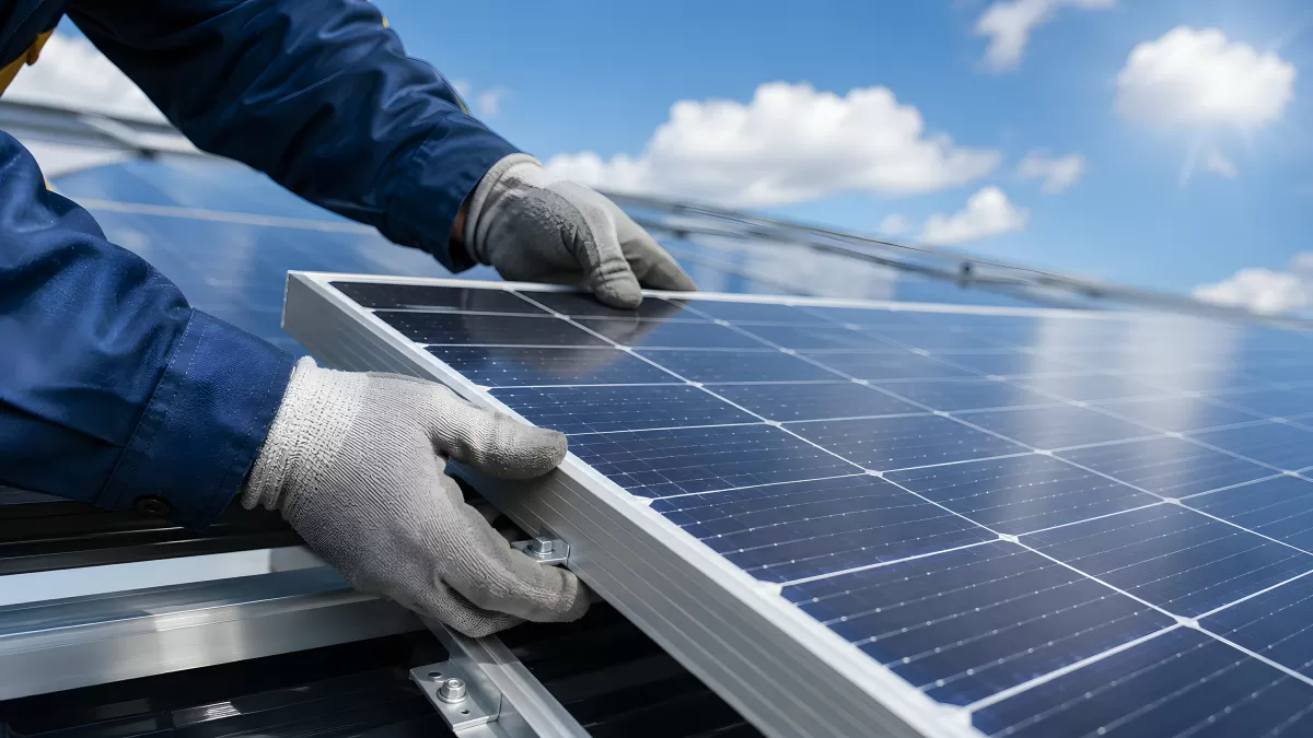 Techniker installiert Solarmodule auf Hausdach