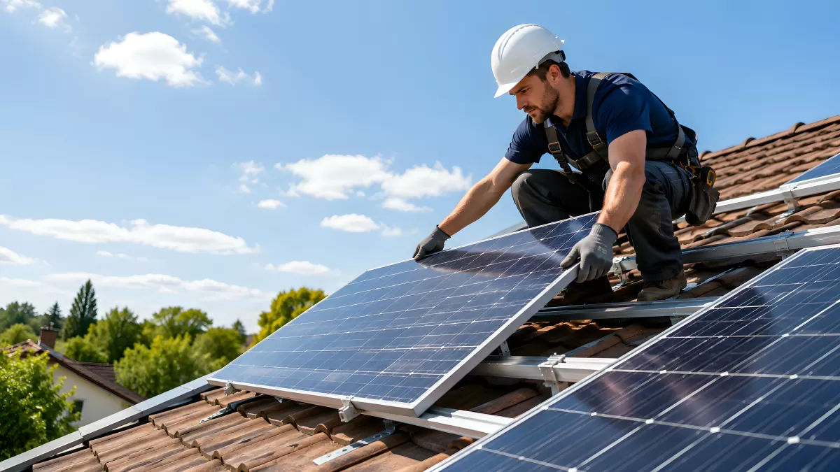 Techniker installiert Solarmodule auf Ziegeldach