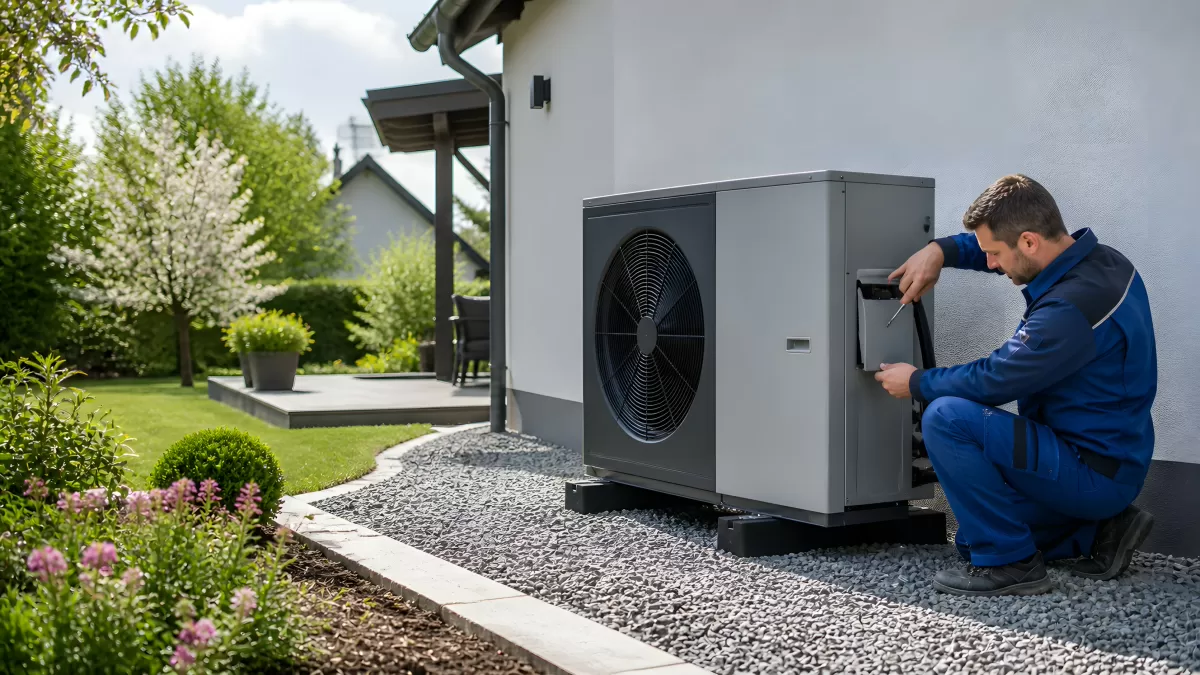 Techniker installiert Wärmepumpe an Hausfassade