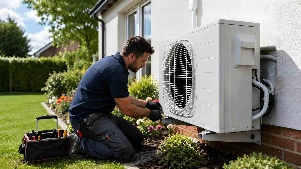 Techniker installiert Wärmepumpe an Hauswand im Garten