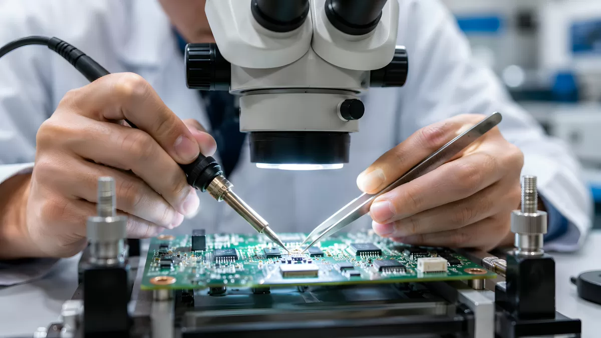 Techniker lötet Platine unter Stereomikroskop im Labor