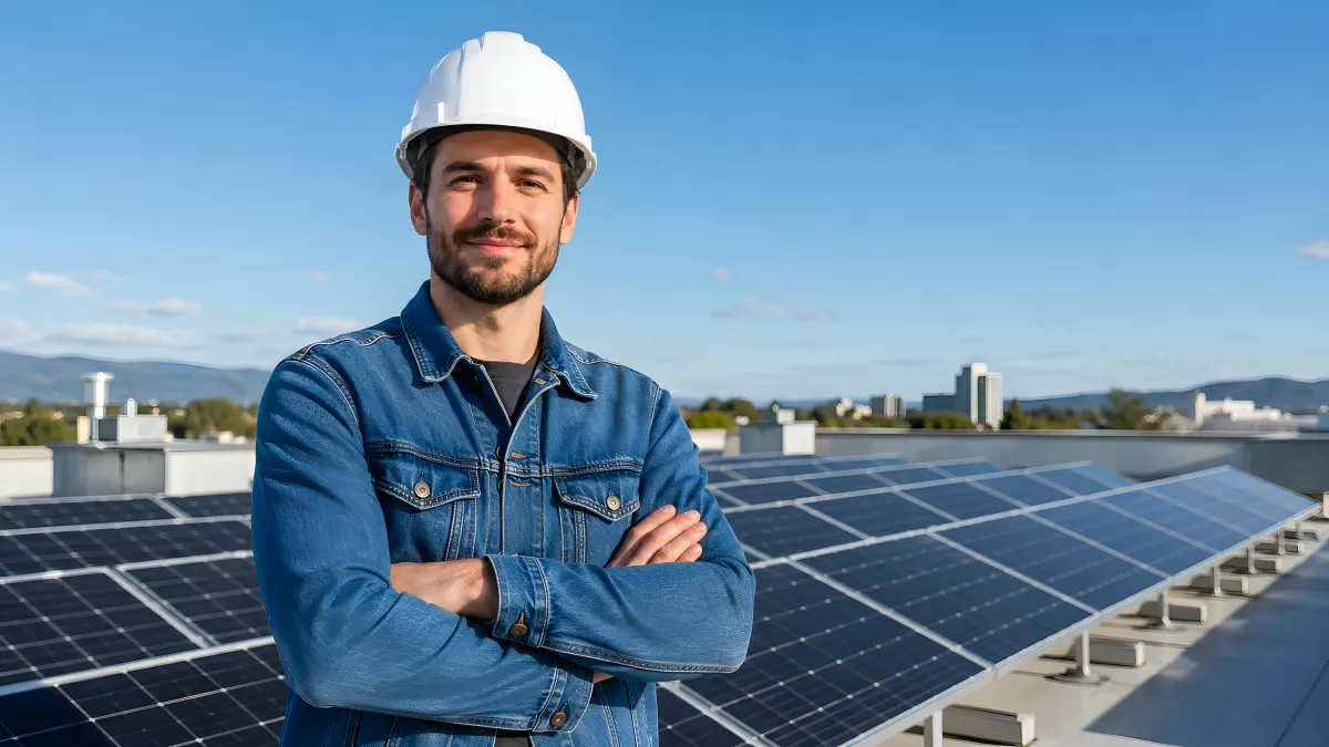 Techniker mit Schutzhelm vor Solaranlage auf Dach