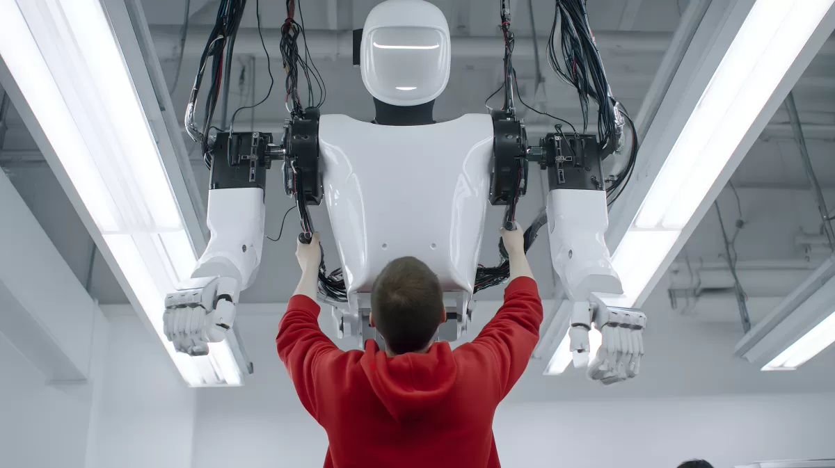 Techniker montiert modernen Roboterarm in Werkstatt