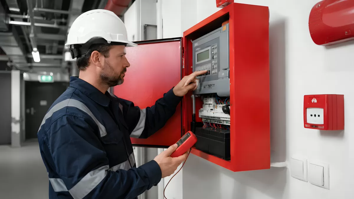 Techniker prüft Brandmeldezentrale in Gebäude