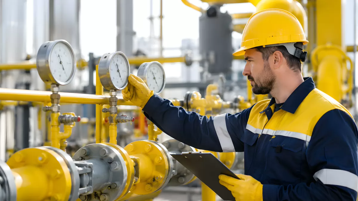 Techniker prüft Druckmesser an gelber Gasanlage