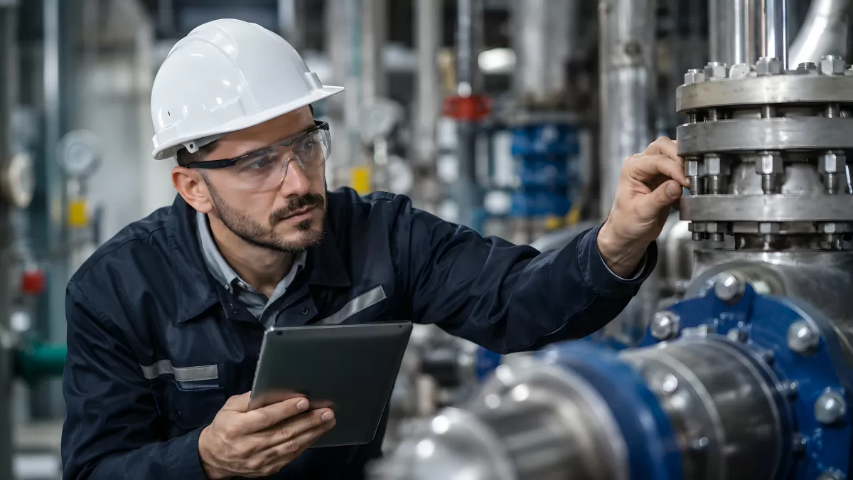 Techniker prüft Industrieventil mit Tablet in Anlage