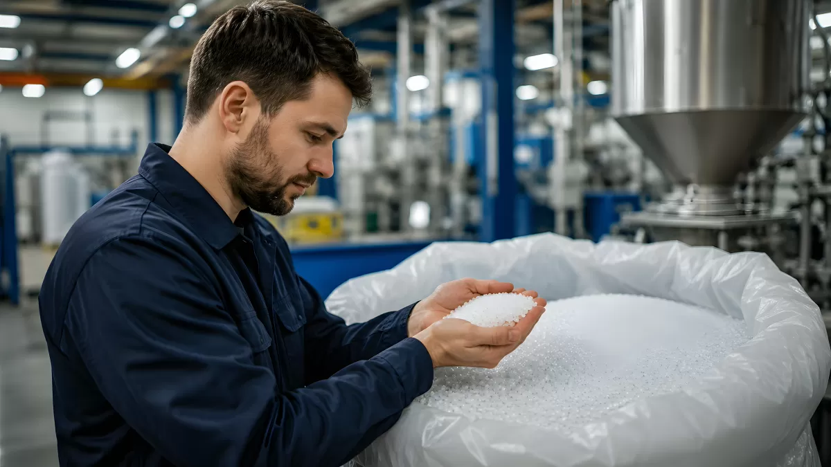 Techniker prüft Kunststoffgranulat in Industriehalle
