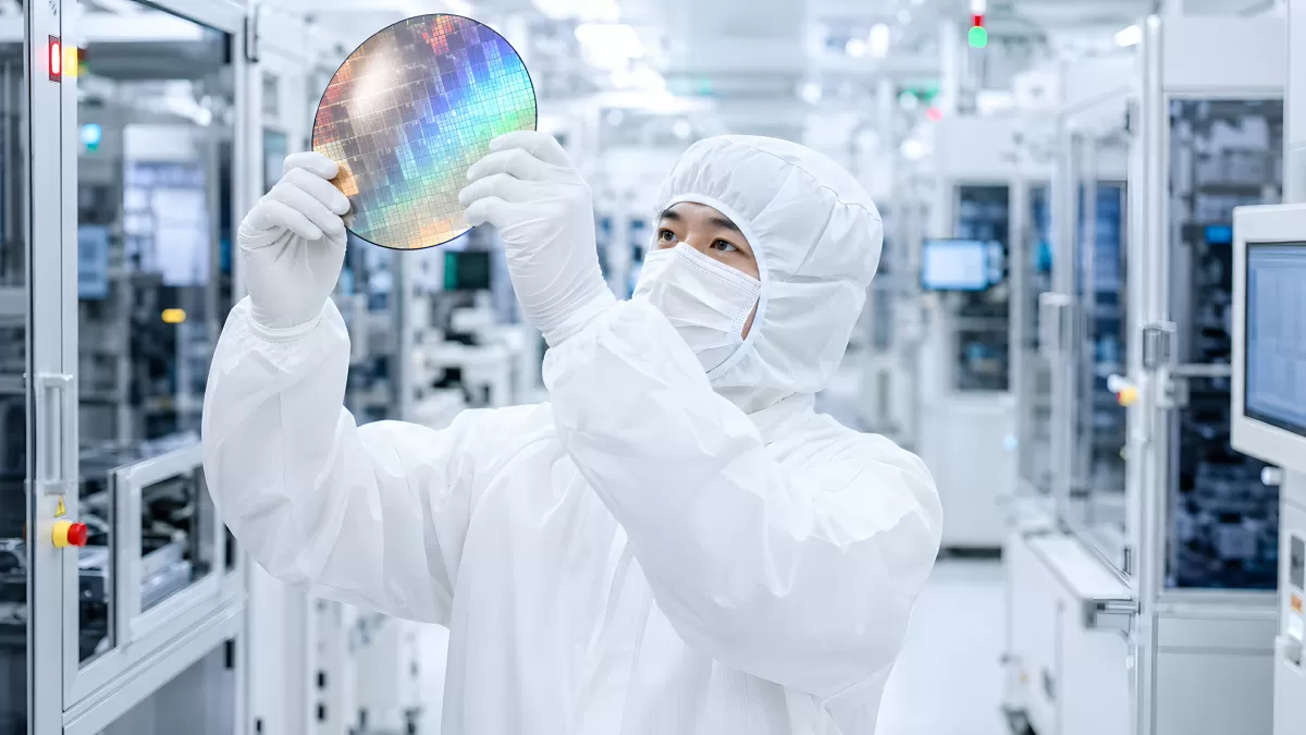 Techniker prüft Siliziumwafer in Halbleiterfabrik