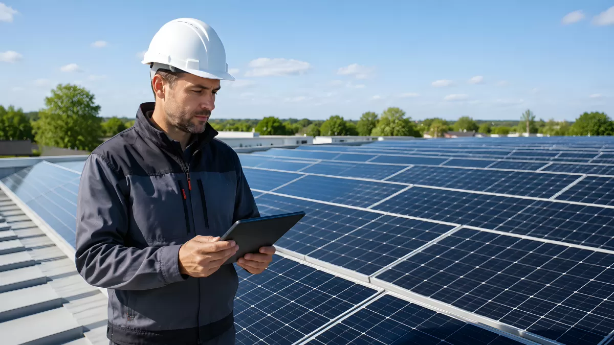 Techniker prüft Solaranlage auf Flachdach mit Tablet