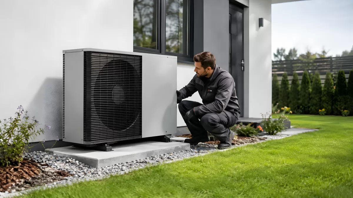 Techniker prüft Wärmepumpe an modernem Einfamilienhaus