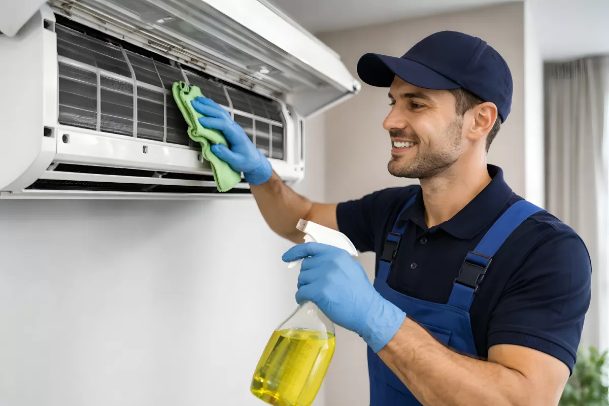 Techniker reinigt Klimaanlage mit Reinigungsmittel