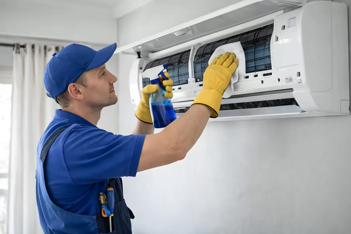 Techniker reinigt Klimaanlage mit Sprühflasche