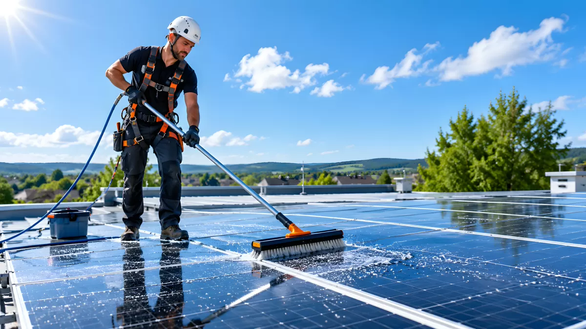 Techniker reinigt Solaranlage auf einem Flachdach