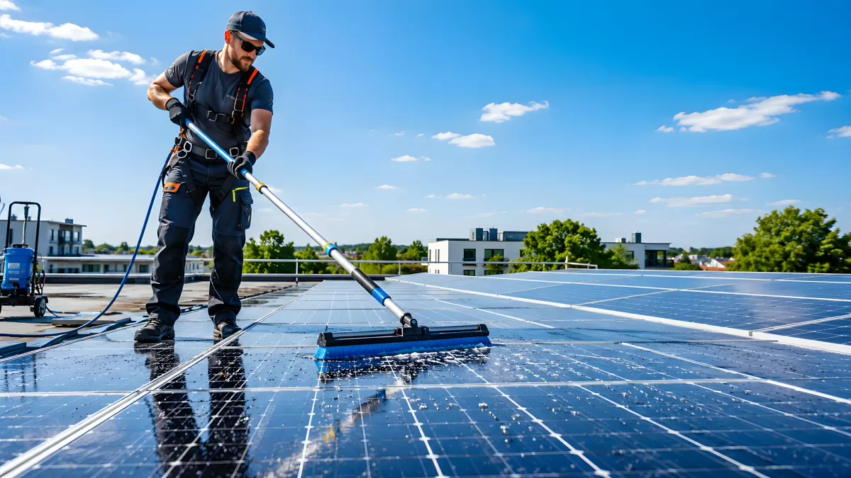 Techniker reinigt Solarpanele auf einem Flachdach