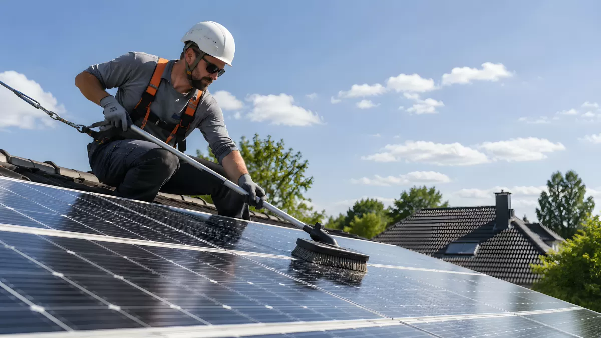 Techniker reinigt Solarpanele auf Hausdach mit Bürste