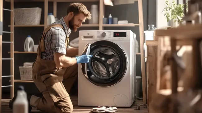 Techniker repariert moderne Waschmaschine in Werkstatt