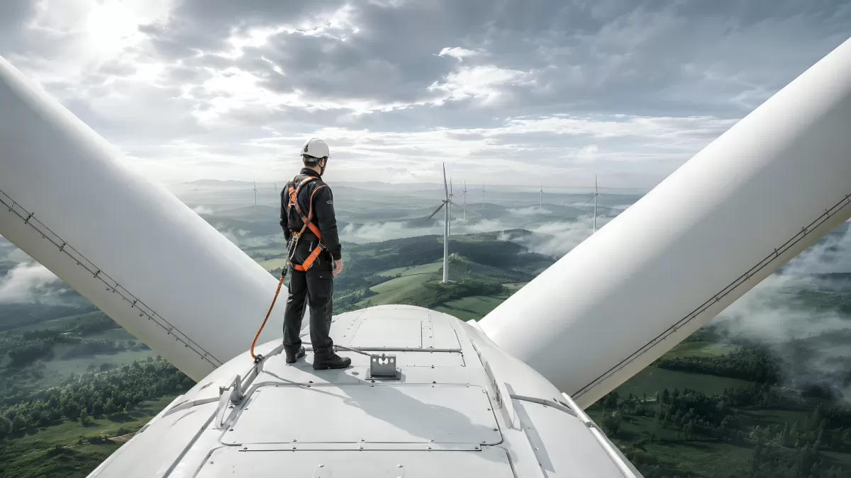 Techniker steht auf Windkraftanlage mit Panoramablick