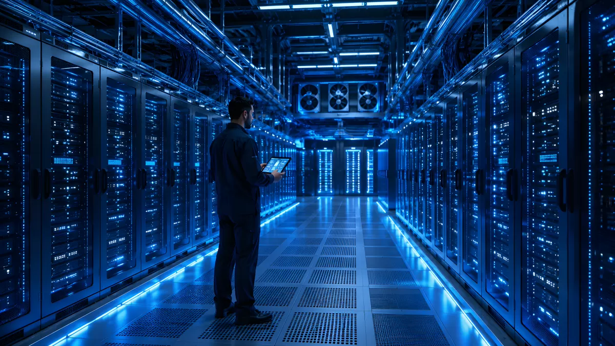 Techniker überwacht Serverraum mit Tablet in blauem Licht