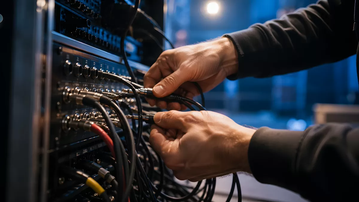 Techniker verkabelt Audiogeräte in einem Rack