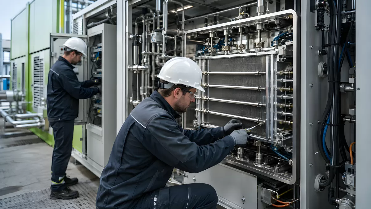 Techniker warten Elektrolyseur in Industrieanlage