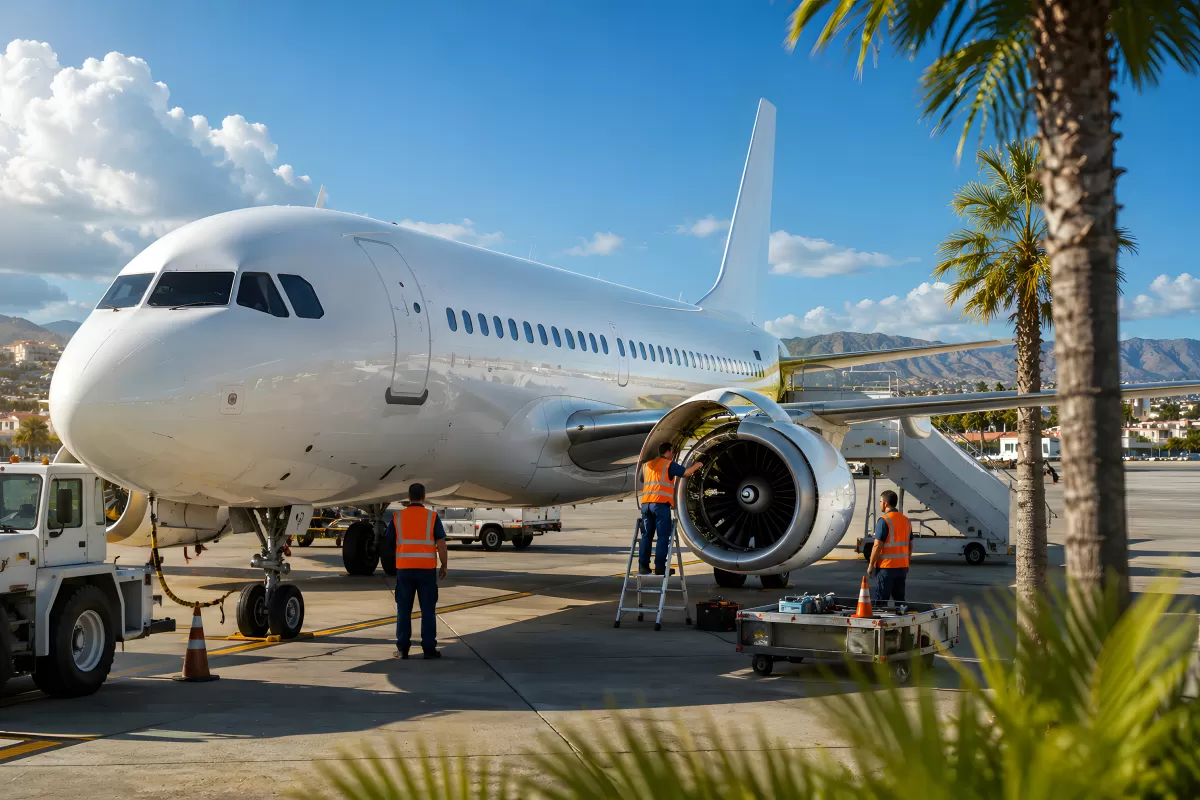 Techniker warten Triebwerk eines Passagierflugzeugs