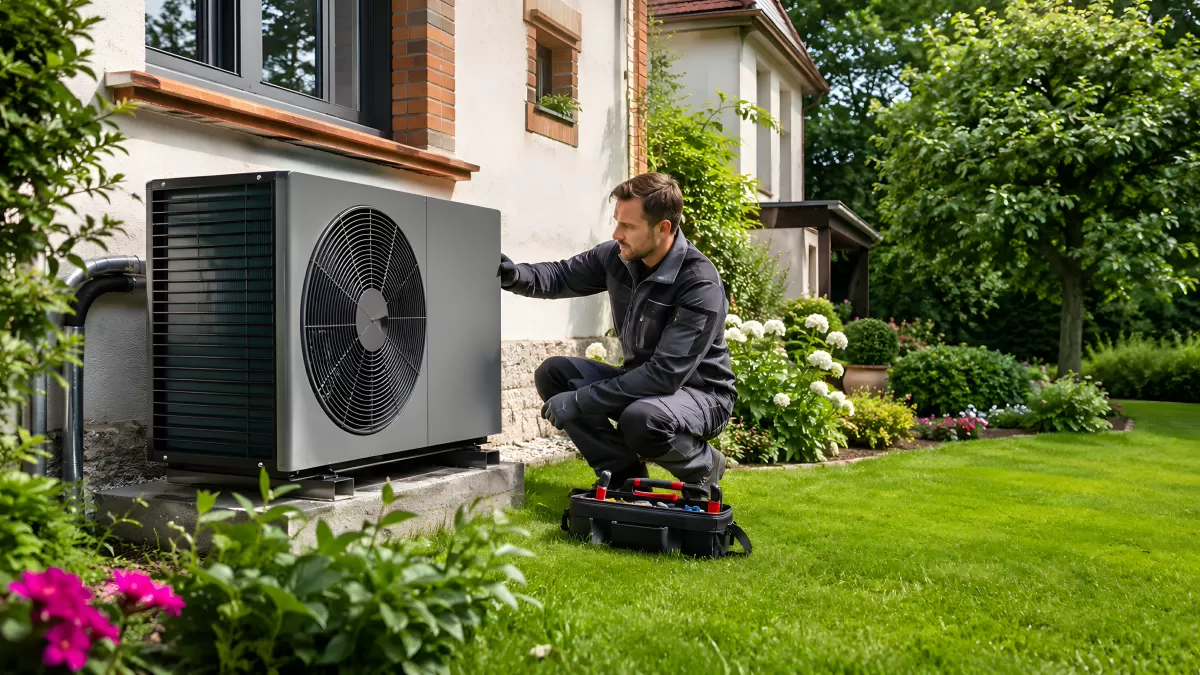 Techniker wartet Wärmepumpe an Hausfassade im Garten