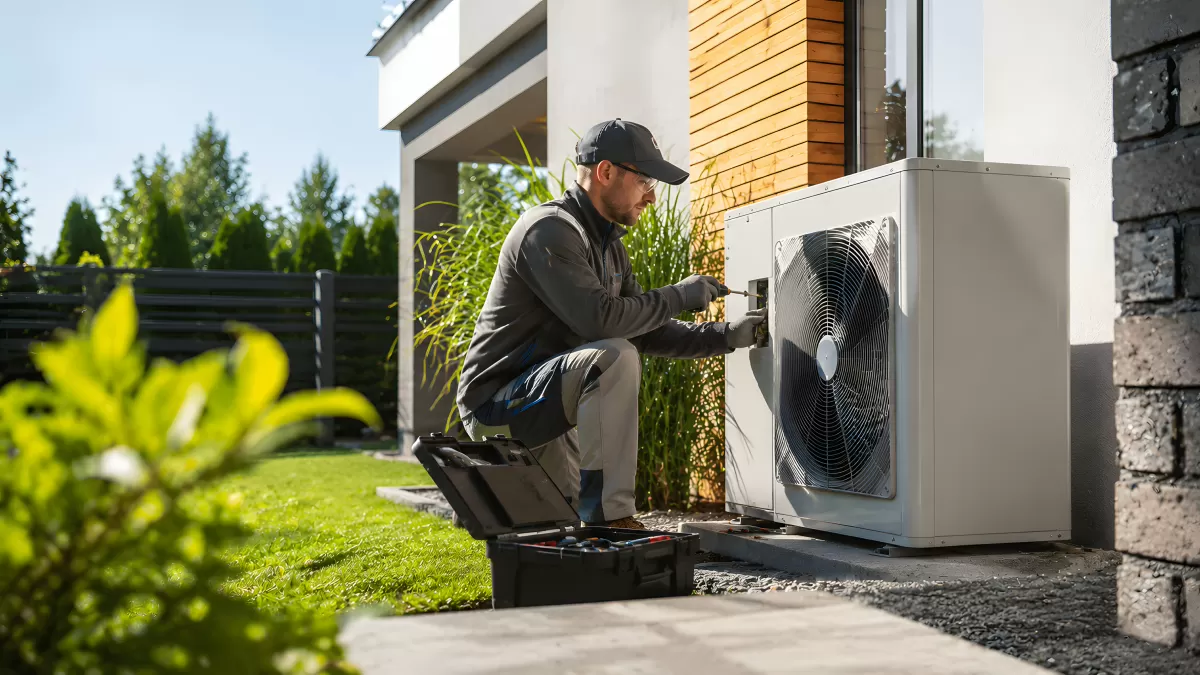 Techniker wartet Wärmepumpe an modernem Wohnhaus