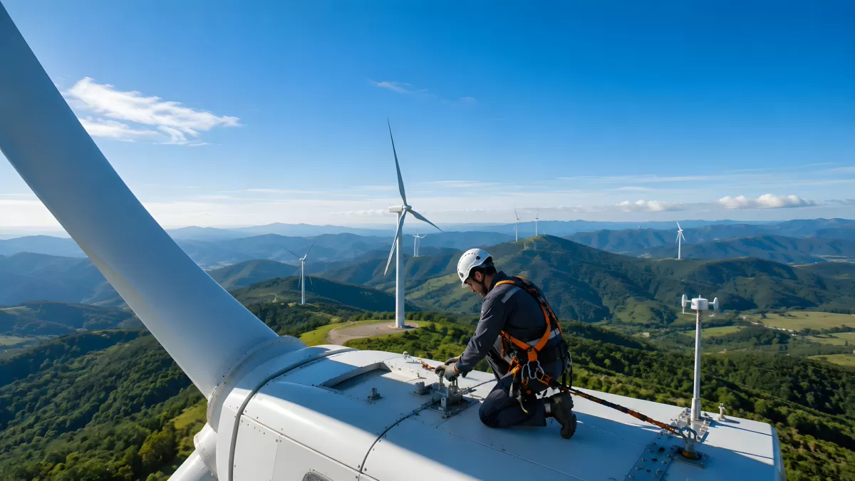 Techniker wartet Windkraftanlage auf Berggipfel