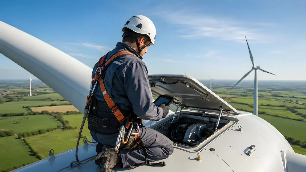 Techniker wartet Windkraftanlage auf dem Gondelkopf