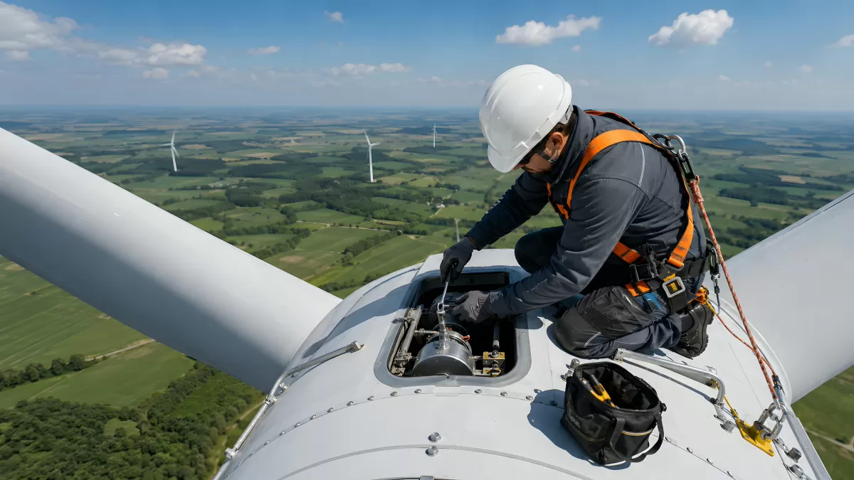 Techniker wartet Windkraftanlage in großer Höhe