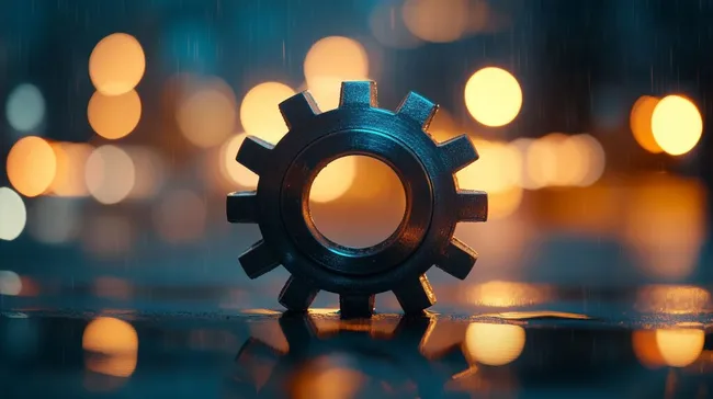 Technisches Zahnradsymbol vor verschwommenen Lichtern