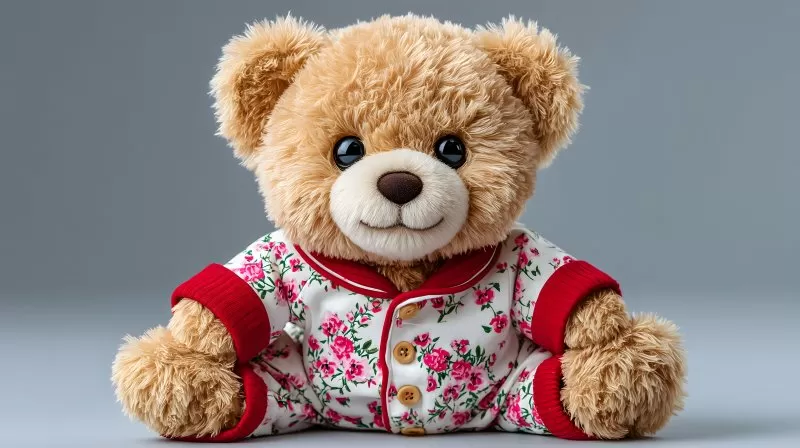 Teddy Bear in Floral Pajamas Sitting on Floor