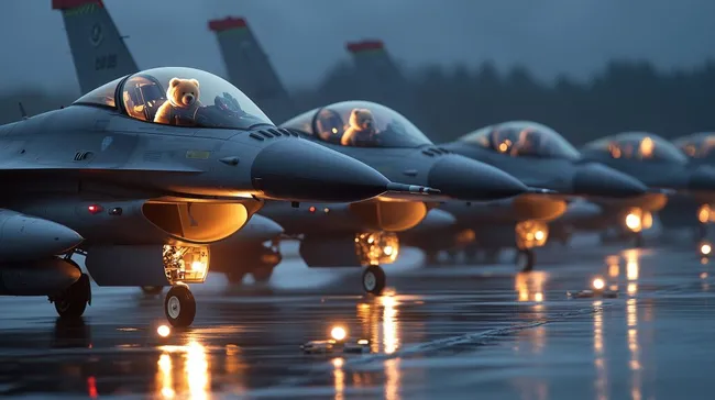 Teddy-Pilot in der Cockpit-Perspektive eines F16-Kampfjets