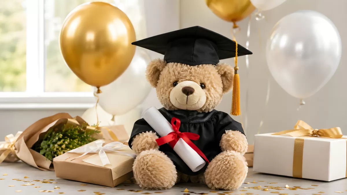 Teddybär im Abschluss-Outfit mit Diplom & Ballons