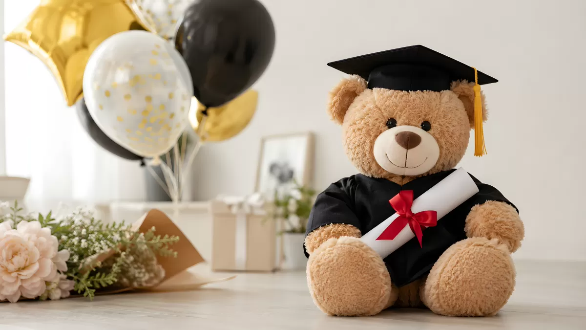 Teddybär im Abschlussoutfit mit Diplom und Ballons