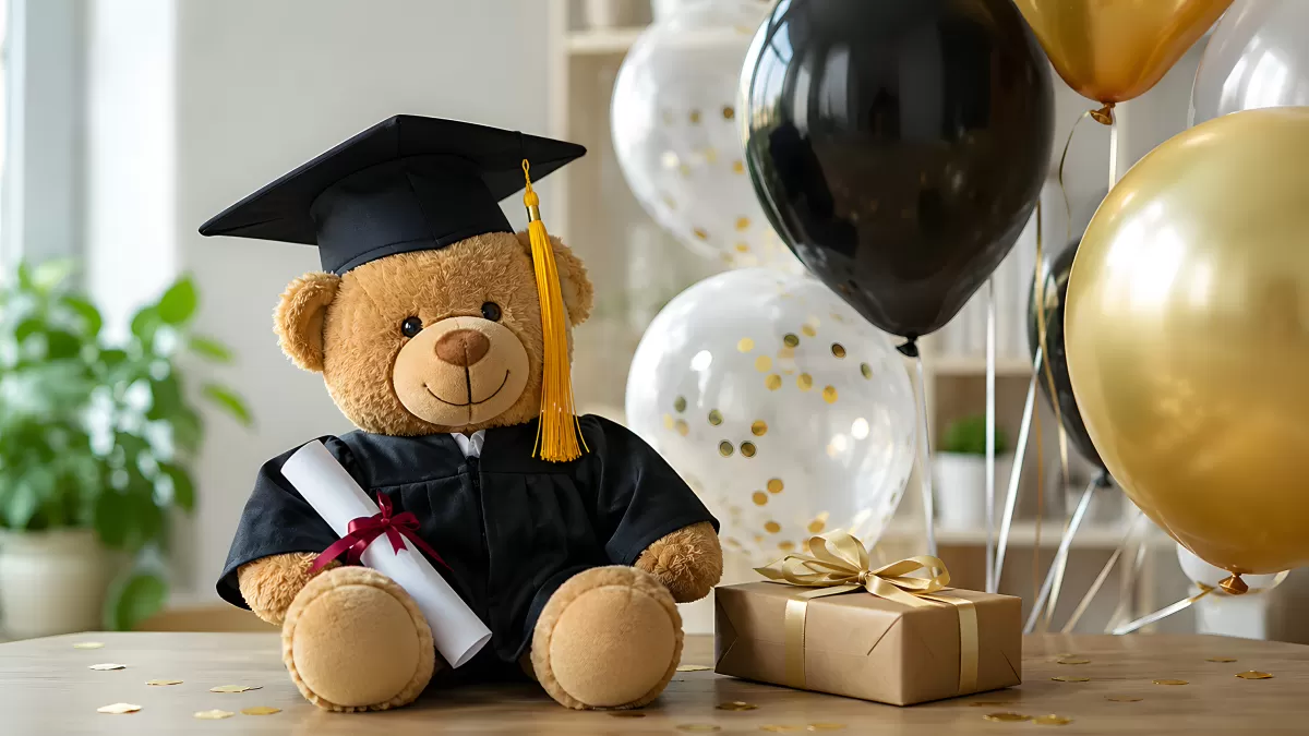 Teddybär im Talar mit Abschlusskappe und Diplom