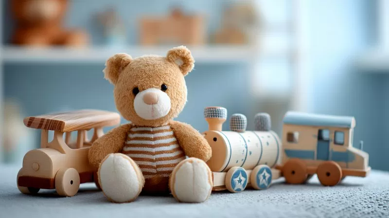 Teddybär mit Holzeisenbahn auf Kinderbett im Kinderzimmer