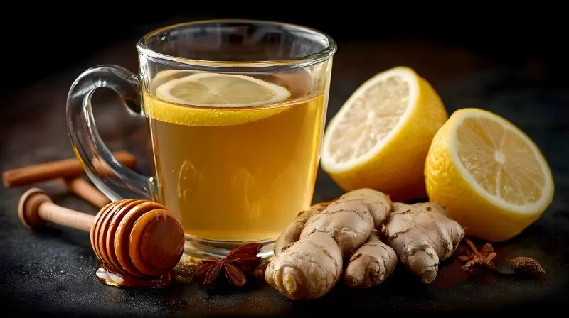 Tee mit Ingwer Honig Zitrone und Gewürzen auf Holz